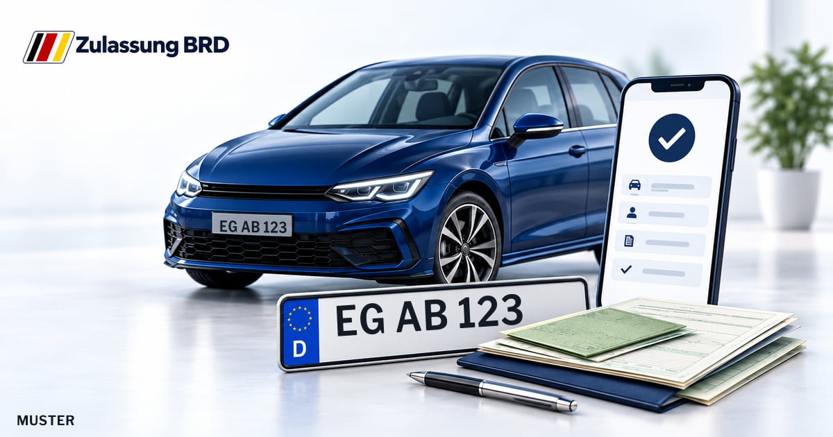 Online Fahrzeugzulassung in Pfarrkirchen: Musterkennzeichen EG AB 123, Auto und Fahrzeugpapiere und Smartphone. Illustration mit Logo von Zulassung BRD.